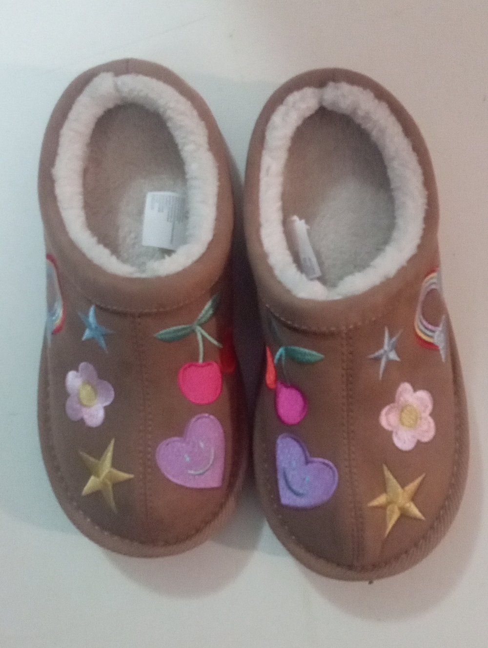 Kids Brown Cozy Slipper Shoes with Colorful Embroidered Hearts & Stars Sz 13 New